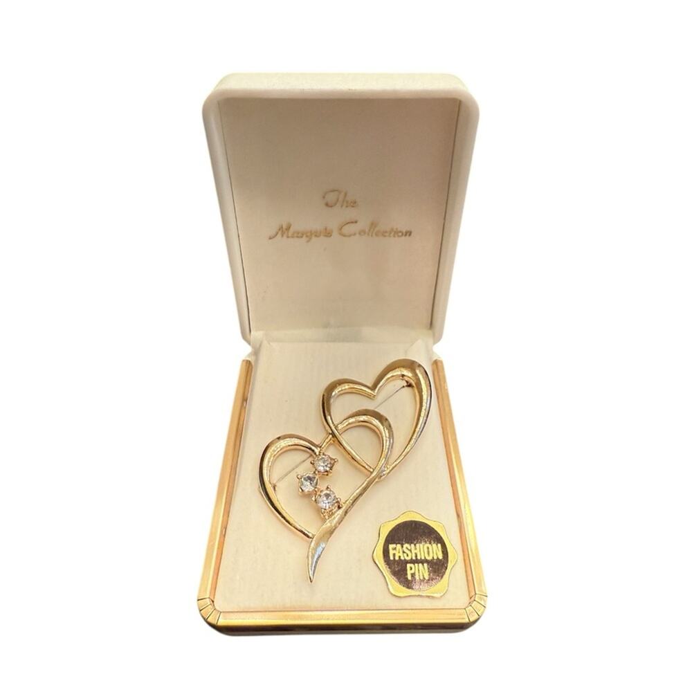 NIB The Marquis Collection Two Hearts Brooch Gold Silver Rhinestones Vintage Pin
